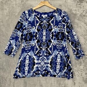 Chico's Tunic Womens M Slub Blue Ikat Print 3/4 Sleeve Button Cuff Top V Neck